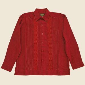 Men's Mexican Guayabera Shirt Red Collared Long Sleeve Embroidery Handmade M, XL